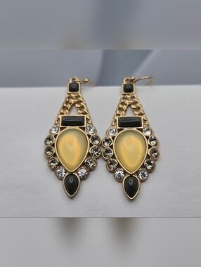 Lia Sophia Lyricism Teardrop Earrings Gold Tone Cabochon Enamel Rhinestone 2"